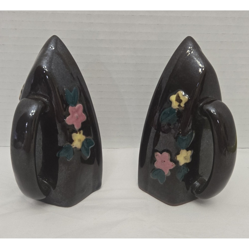 Vintage Ceramic Iron Shape Salt Pepper Shakers Set Floral Hand Painted Japan MCM